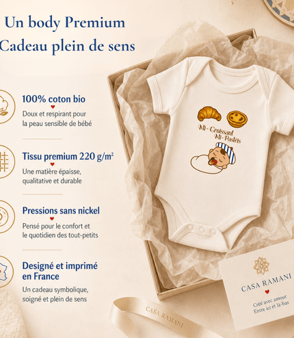 Body bébé fille franco-portugais « Mi-Croissant, Mi-Pastéis » porté – vêtement bébé double culture France-Portugal – Casa Ramani
