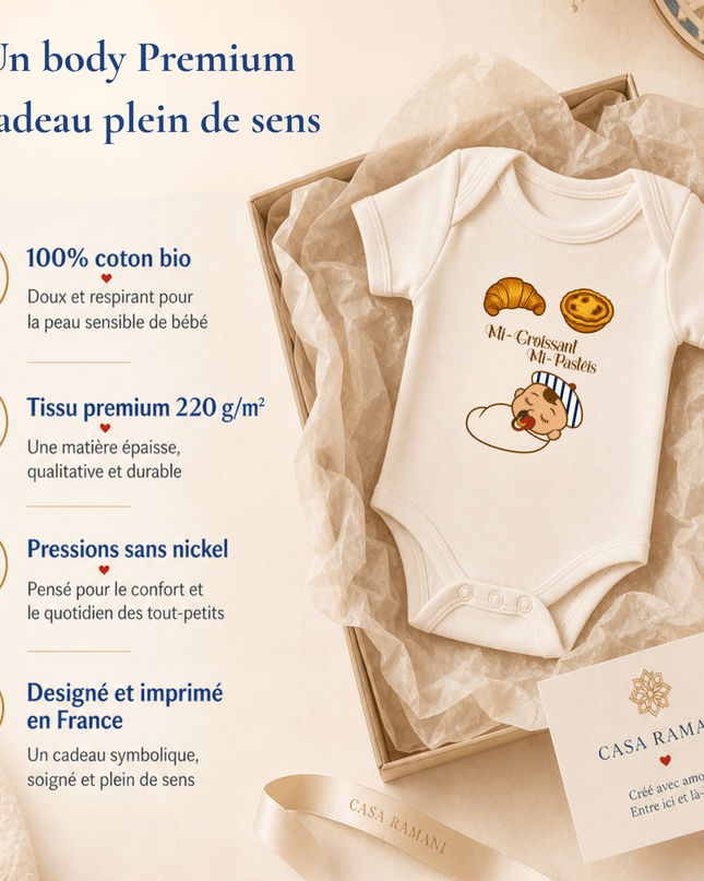 Body bébé fille franco-portugais « Mi-Croissant, Mi-Pastéis » porté – vêtement bébé double culture France-Portugal – Casa Ramani