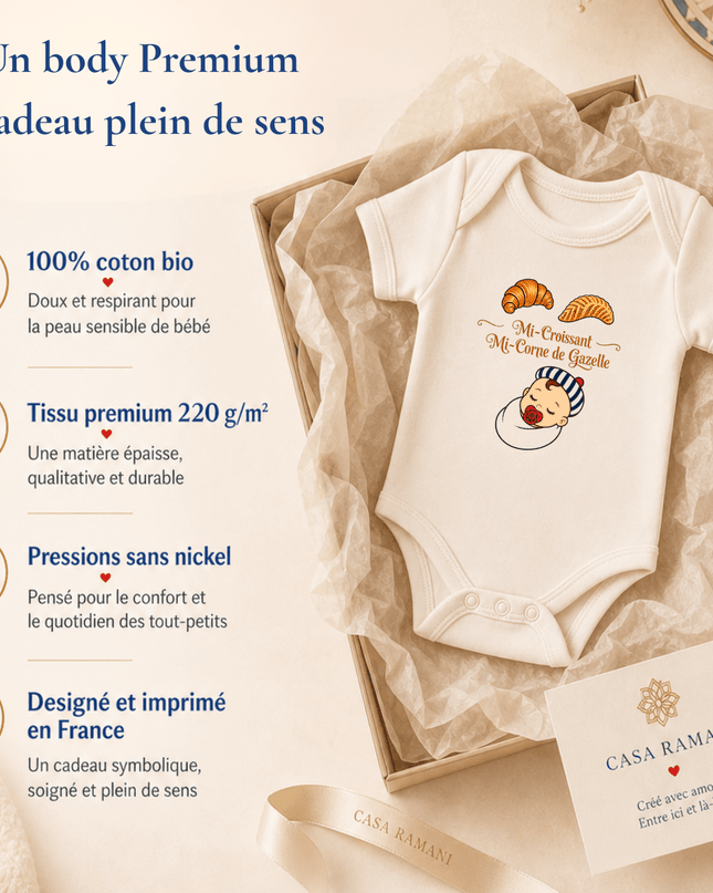 Body bébé franco-marocain « Mi-Croissant, Mi-Corne de Gazelle » porté – vêtement bébé double culture France-Maroc – Casa Ramani