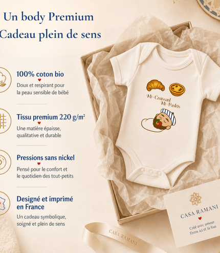 Body bébé garçon franco-portugais « Mi-Croissant, Mi-Pastéis » porté – vêtement bébé France-Portugal – Casa Ramani