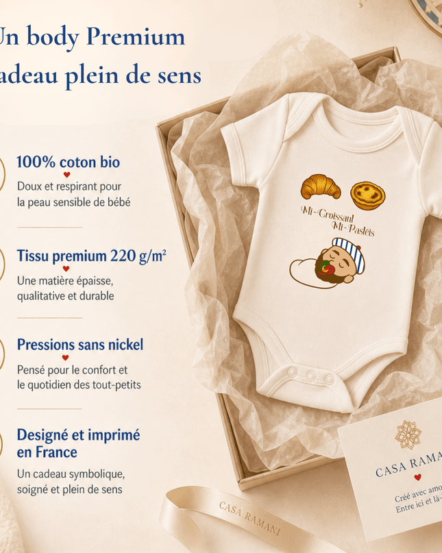 Body bébé garçon franco-portugais « Mi-Croissant, Mi-Pastéis » porté – vêtement bébé France-Portugal – Casa Ramani