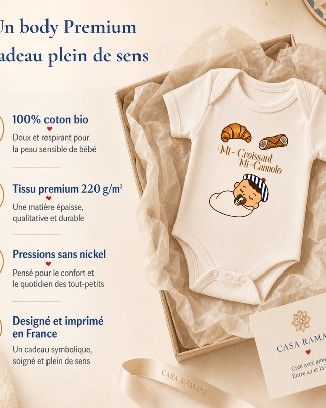 Body bébé franco-italien « Mi-Croissant, Mi-Cannolo » porté – vêtement bébé double culture France-Italie – Casa Ramani
