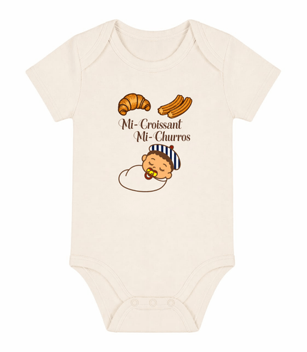 Body bébé « Mi-Croissant, Mi-Churros », à plat – body naissance franco-espagnol coton bio – Casa Ramani