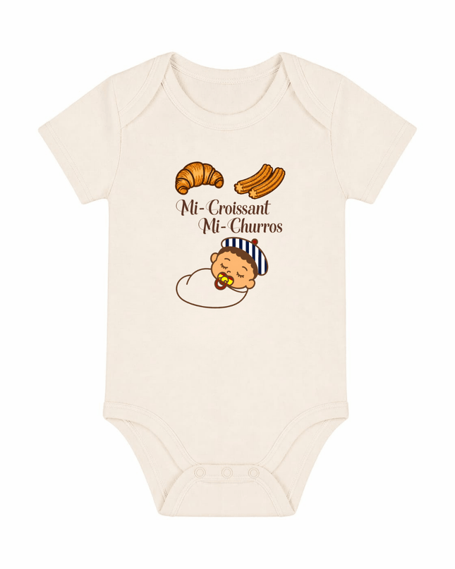 Body bébé « Mi-Croissant, Mi-Churros », à plat – body naissance franco-espagnol coton bio – Casa Ramani