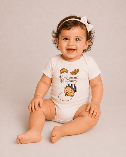 Body bébé « Mi-Croissant, Mi-Churros », vue de face – cadeau naissance franco-espagnol – Casa Ramani