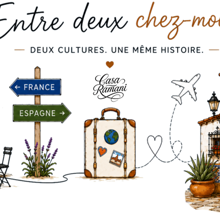 Illustration du mug franco-espagnol « Entre deux chez-moi », modèle et détails visuels – Casa Ramani