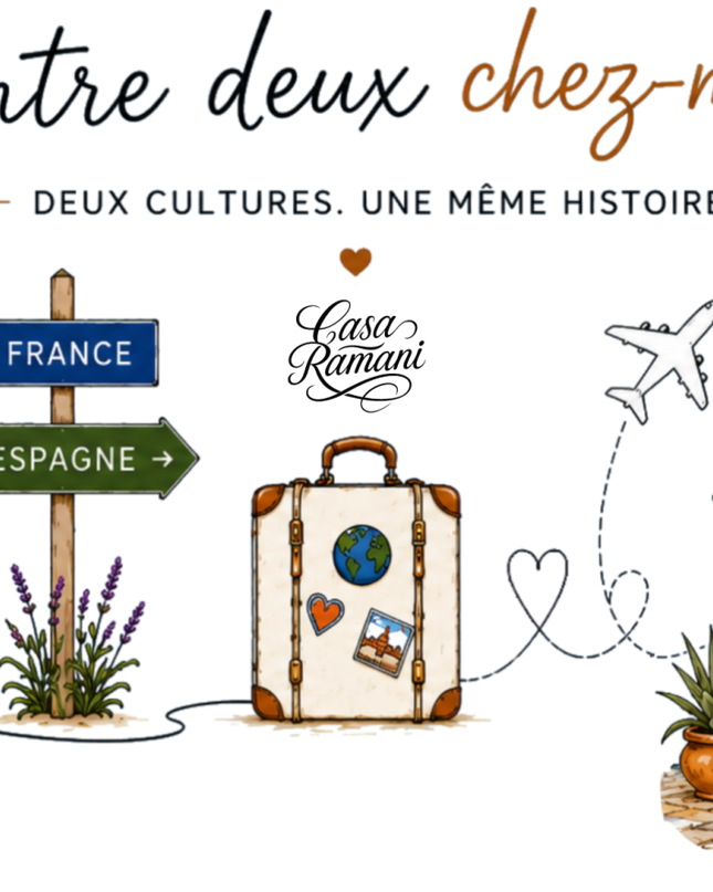 Illustration du mug franco-espagnol « Entre deux chez-moi », modèle et détails visuels – Casa Ramani