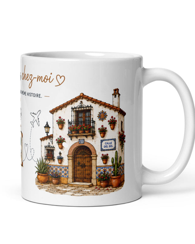 Mug franco-espagnol « Entre deux chez-moi », vue de profil – cadeau café France-Espagne – Casa Ramani
