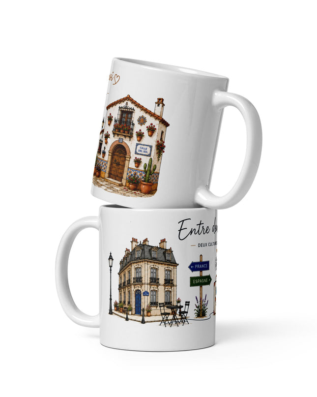 Mug franco-espagnol « Entre deux chez-moi », 325 ml – vue de face, cadeau France-Espagne – Casa Ramani