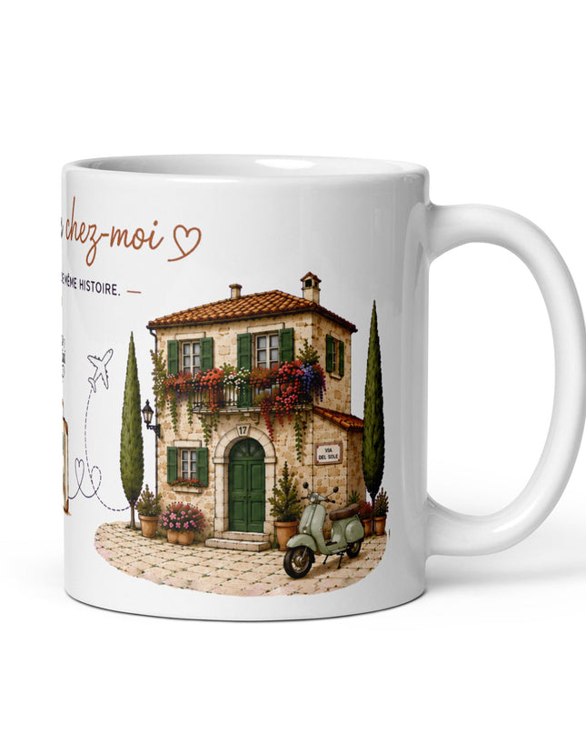 Mug franco-italien « Entre deux chez-moi », vue de profil – cadeau café France-Italie – Casa Ramani