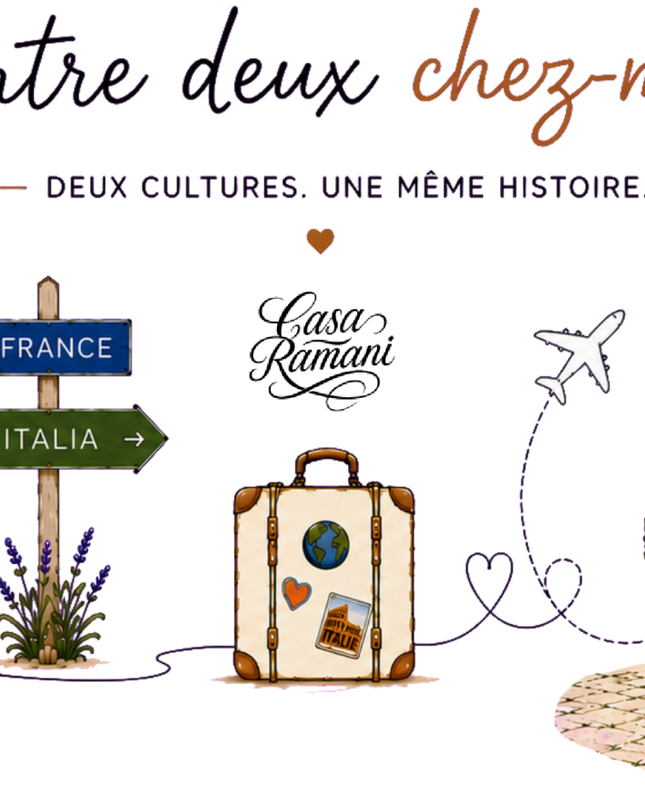 Illustration du mug franco-italien « Entre deux chez-moi », modèle et détails visuels – Casa Ramani