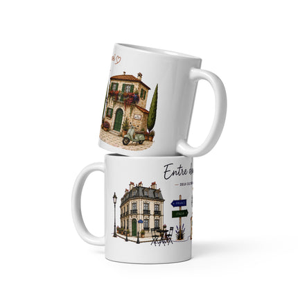 Mug franco-italien « Entre deux chez-moi », 325 ml – vue de face, cadeau France-Italie – Casa Ramani