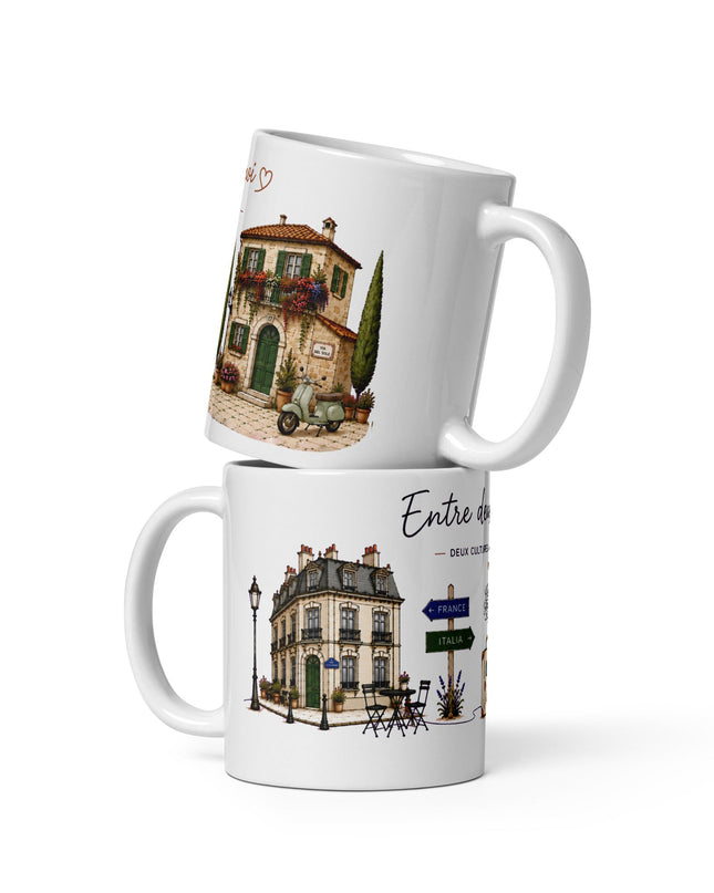 Mug franco-italien « Entre deux chez-moi », 325 ml – vue de face, cadeau France-Italie – Casa Ramani