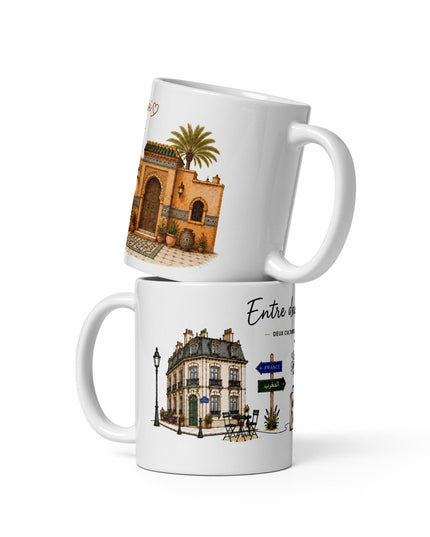 Mug franco-marocain « Entre deux chez-moi », 325 ml – vue de face, cadeau France-Maroc – Casa Ramani