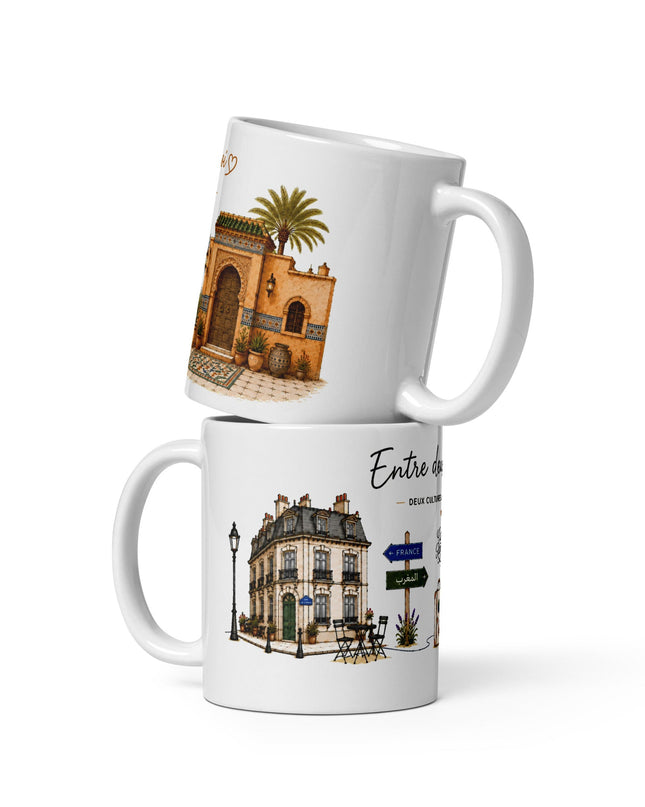 Mug franco-marocain « Entre deux chez-moi », 325 ml – vue de face, cadeau France-Maroc – Casa Ramani