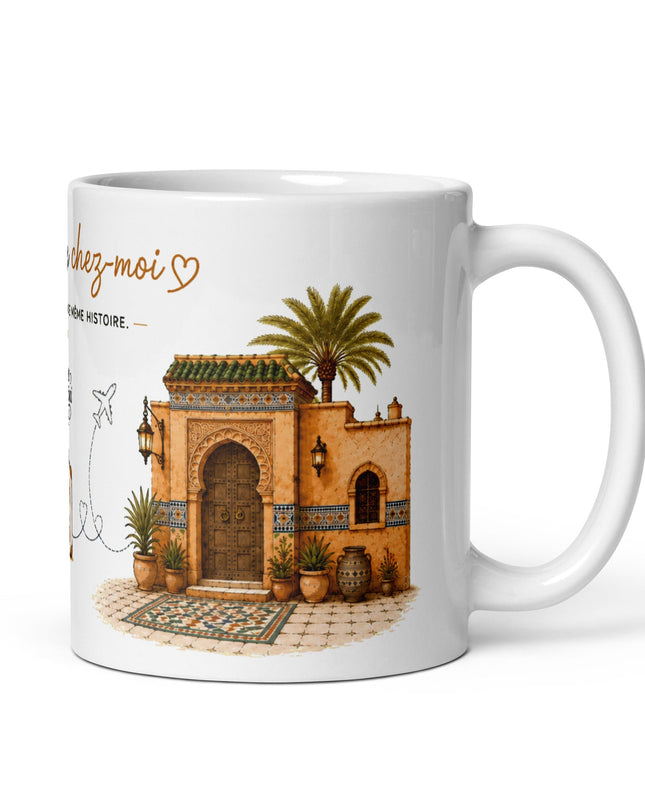 Mug franco-marocain « Entre deux chez-moi », vue de profil – cadeau café France-Maroc – Casa Ramani
