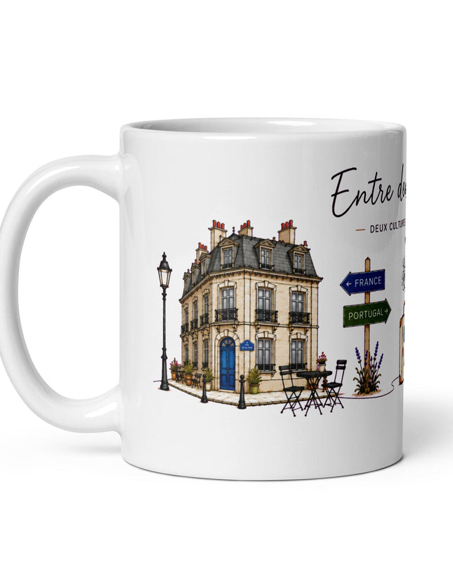 Mug franco-portugais « Entre deux chez-moi », zoom détail impression – cadeau franco-portugais – Casa Ramani