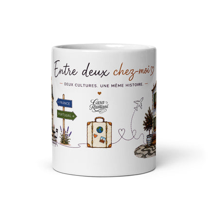 Mug franco-portugais « Entre deux chez-moi », vue de profil – cadeau café France-Portugal – Casa Ramani